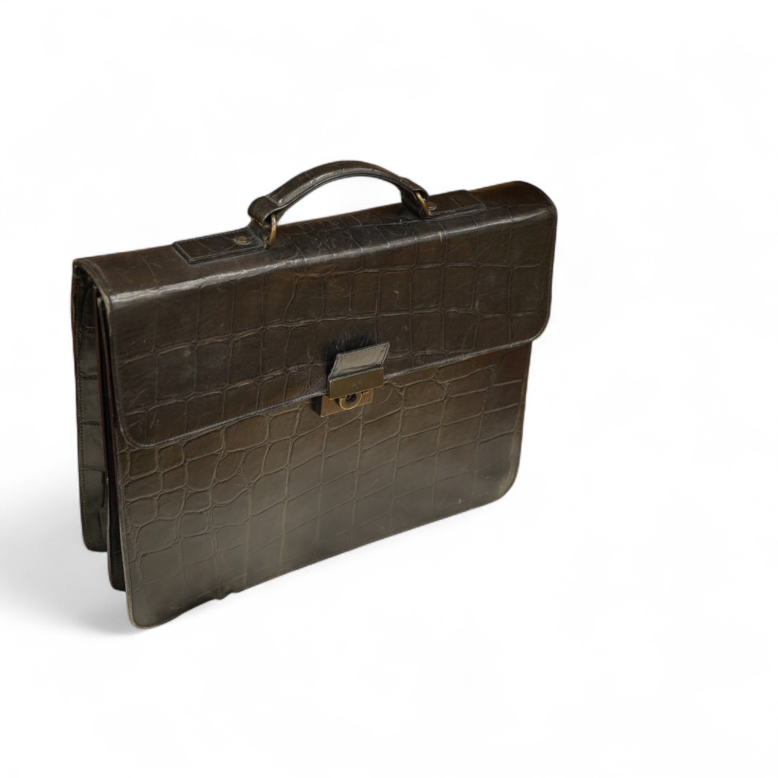 A faux crocodile black Mulberry briefcase, strap and dust cover, 41.5cm wide x 31cm high x 10cm deep at base. Condition - slightly rubbed on edges, needs a polish and lining cleaned